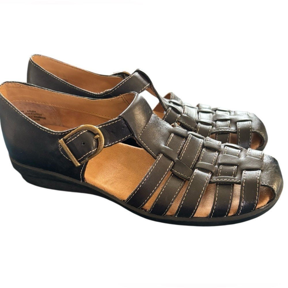 Aruba Leather Fisherman Sandals Black Sz 8N Side Buckle Casual Minimalist Shoe